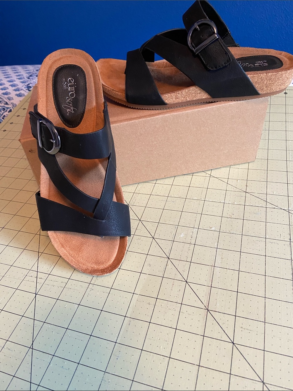 Women's Eurosoft Black Cross-Strap Cork-Style Slide Sandal